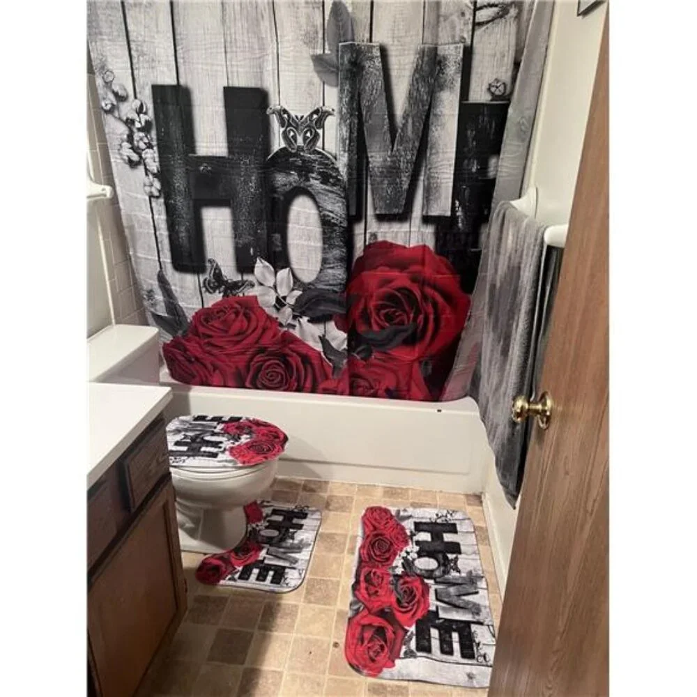 Red Rose 4 Pcs Shower Curtain Sets Non-Slip Rugs Bath Mat Toilet Cover